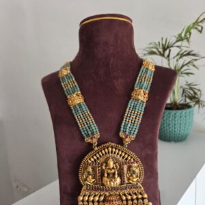 Lakshmi Pendant With Green Beads Haram set