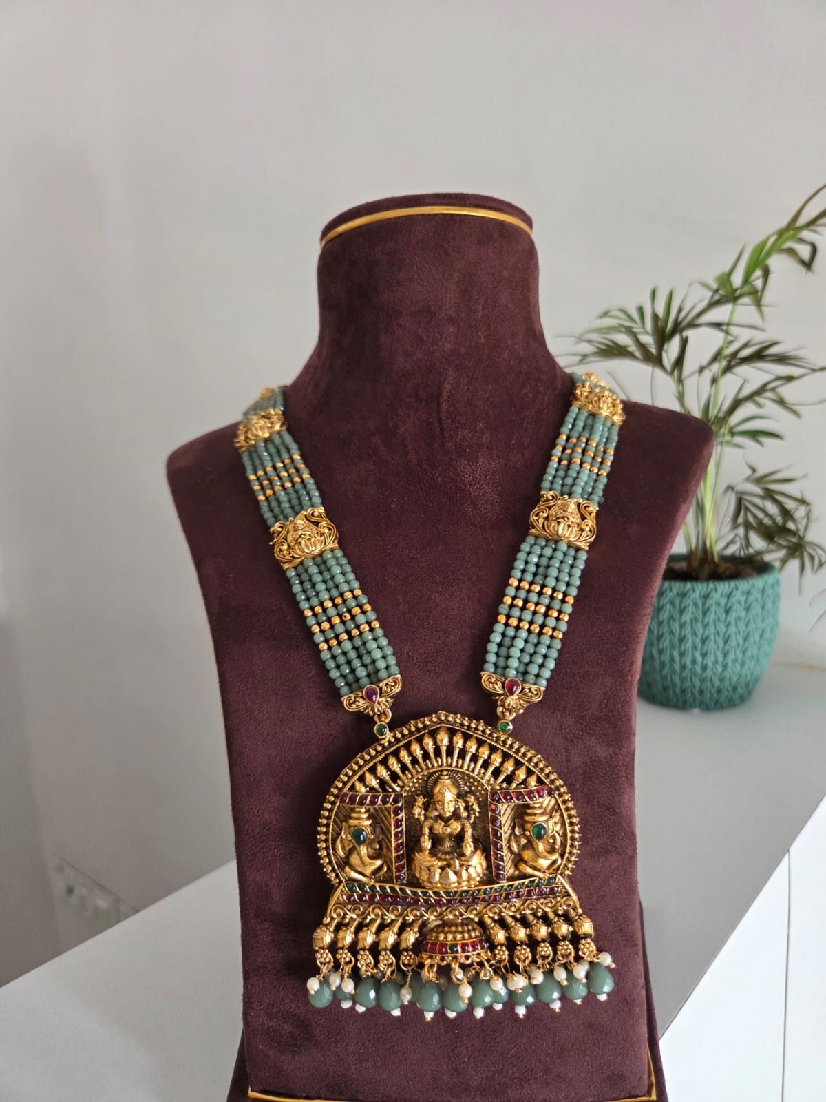 Lakshmi Pendant With Green Beads Haram set